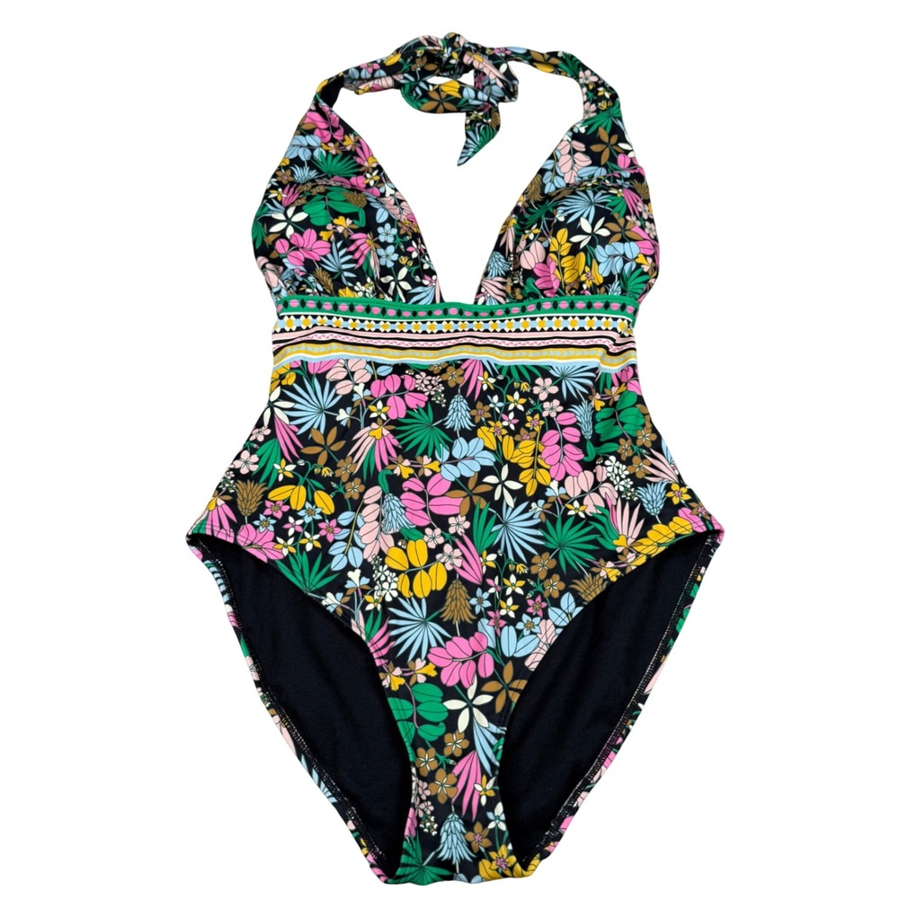 Boden Womens Floral Halter One Piece Swimsuit Black Multicolor S0185 US 10